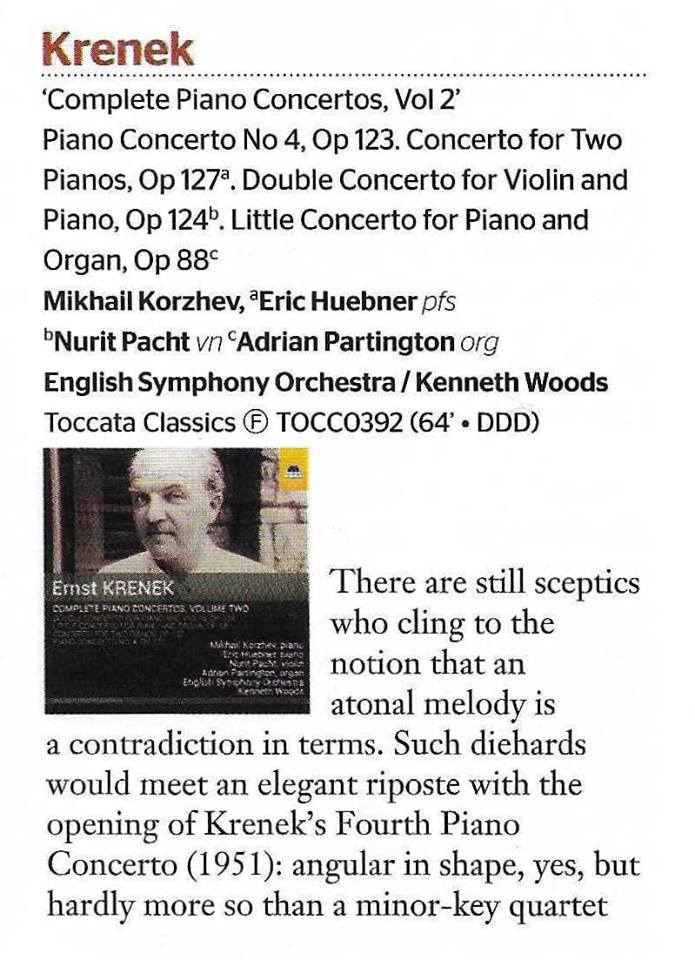 ESO’s Krenek CD a Sunday Times “Essential New Release”